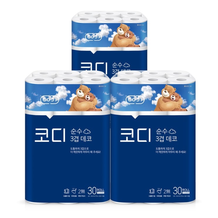 핵가성비 좋은 코디 순수 3겹 데코 30Mx30롤x3팩, 3팩 좋아요