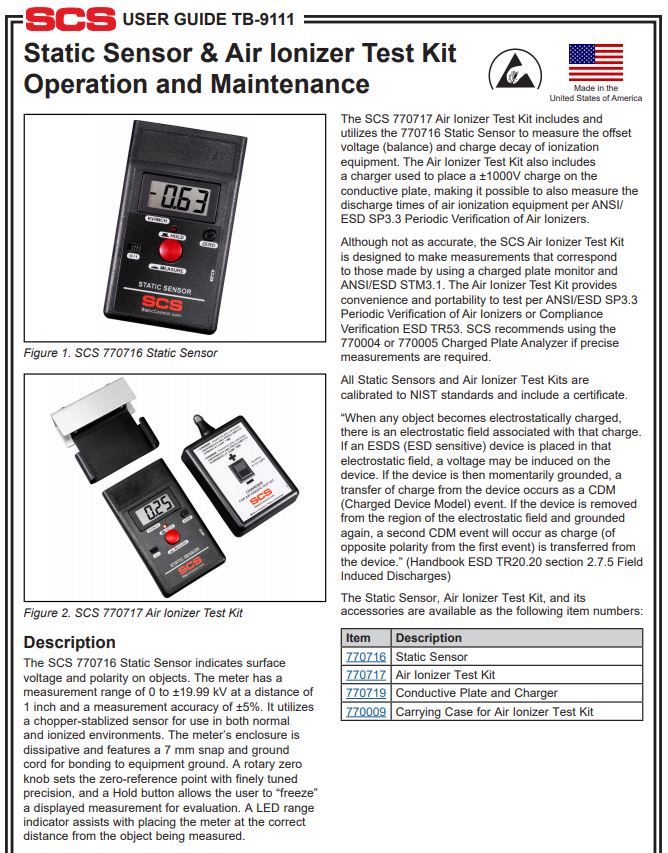  SCS Static Sensor & Air Ionizer test kit (770716, 770717)