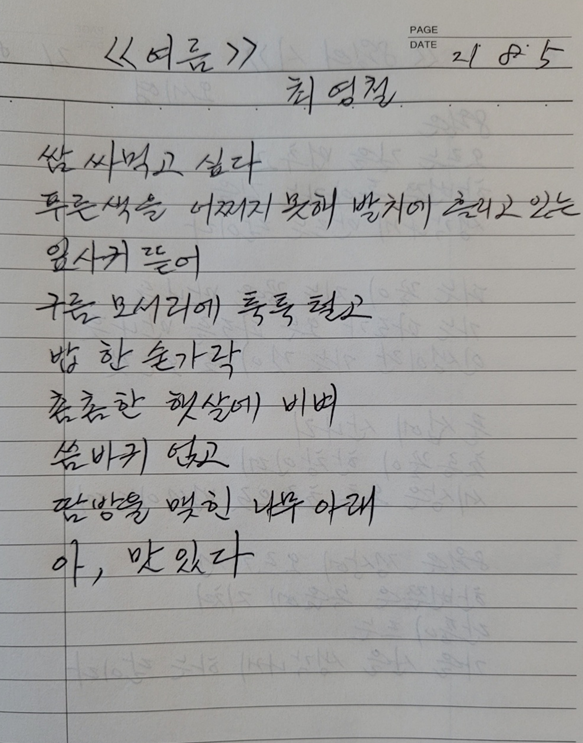  여름_밥 한 숟가락 촘촘한 햇살에 비벼 씀바귀 얹고 땀방울 맺힌 나무 아래.. 아.. 맛있다