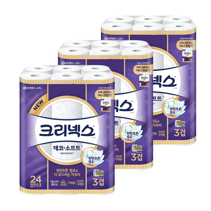 최근 많이 팔린 크리넥스 데코앤소프트 3겹 35m 24롤 108mm 와이드 롤화장지 두루마리휴지, 3팩(72롤) ··· 최근 많이 팔린 크리넥스 데코앤소프트 3겹 35m 24롤 108mm 와이드 롤화장지 두루마리휴지, 3팩(72롤) ···