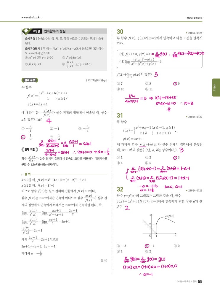 수능완성 확률과 통계 p55, p56) 04 함수의 극한과 연속 유형8 문제 및 풀이