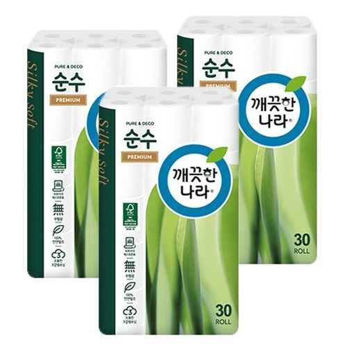 인기 많은 깨끗한나라 3겹 데코 순수 프리미엄 천연펄프 롤화장지 30m, 3개, 30롤 좋아요 인기 많은 깨끗한나라 3겹 데코 순수 프리미엄 천연펄프 롤화장지 30m, 3개, 30롤 좋아요