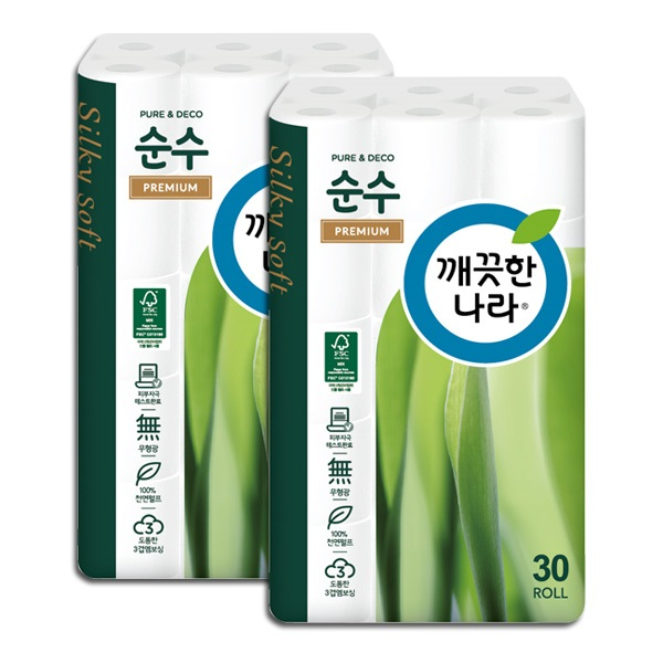 인지도 있는 깨끗한나라 3겹 데코 순수프리미엄 천연펄프 30m 30롤 롤화장지, 2팩 좋아요 인지도 있는 깨끗한나라 3겹 데코 순수프리미엄 천연펄프 30m 30롤 롤화장지, 2팩 좋아요