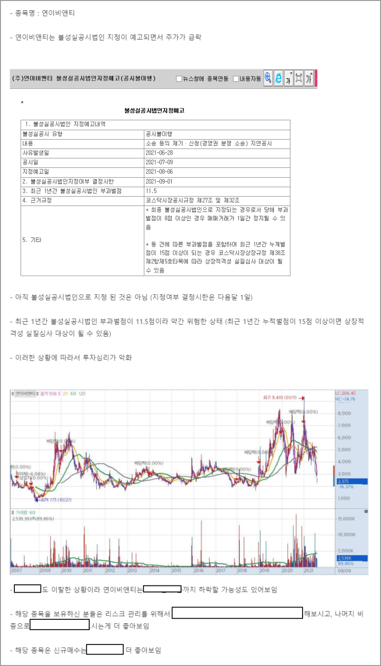  연이비앤티 주가급락! 향후 대응전략은?