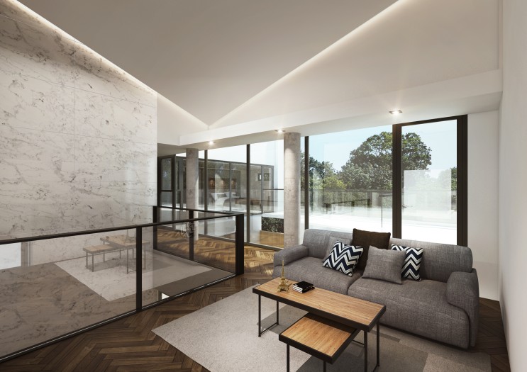 사선으로 내려오는 천장이 매력적인 복층 주택 인테리어 디자인