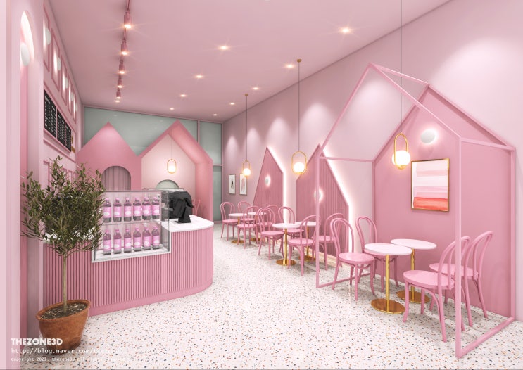  CAFE 핑크핑크 컨셉의 마카롱카페 인테리어투시도, 파사드 3d투시도 외주설계 더존쓰리디