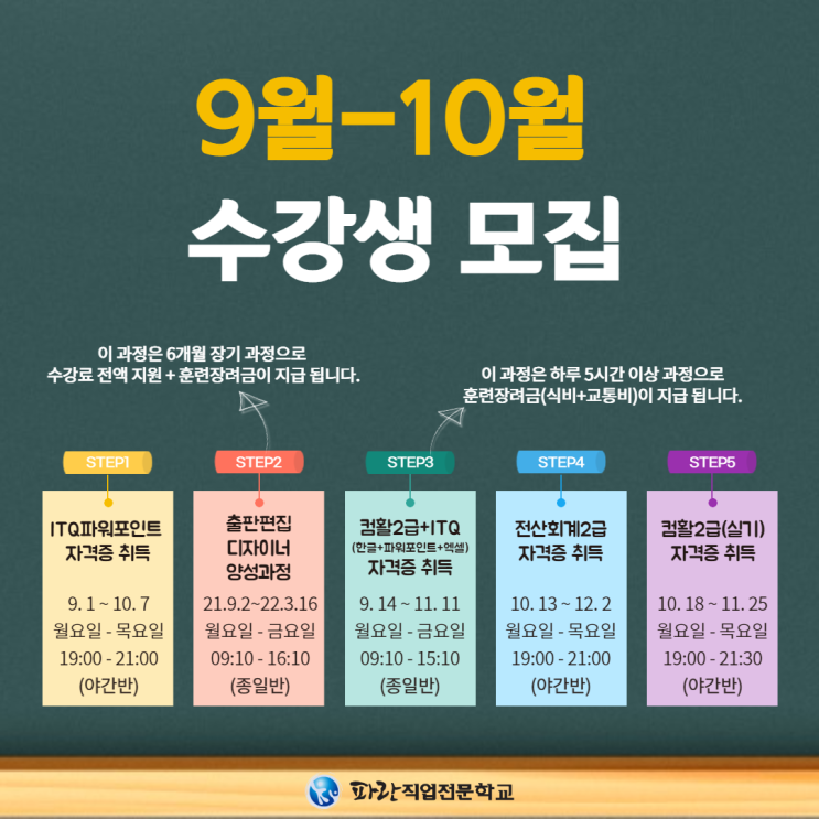 9월~10월 컴퓨터자격증 취득 과정 수강생 모집! -순천파란직업전문학교