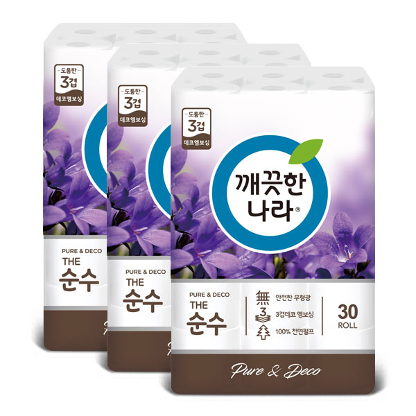 가성비갑 깨끗한나라 3겹데코 The순수 천연펄프 퍼플 화장지 27m, 30롤, 3팩 좋아요 가성비갑 깨끗한나라 3겹데코 The순수 천연펄프 퍼플 화장지 27m, 30롤, 3팩 좋아요