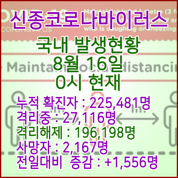  코로나19(코로나바이러스) 8월 16일 0시 국내(해외포함) 발병 225,481명 / 196,198명 완치 격리해제 / 사망자 2,167명