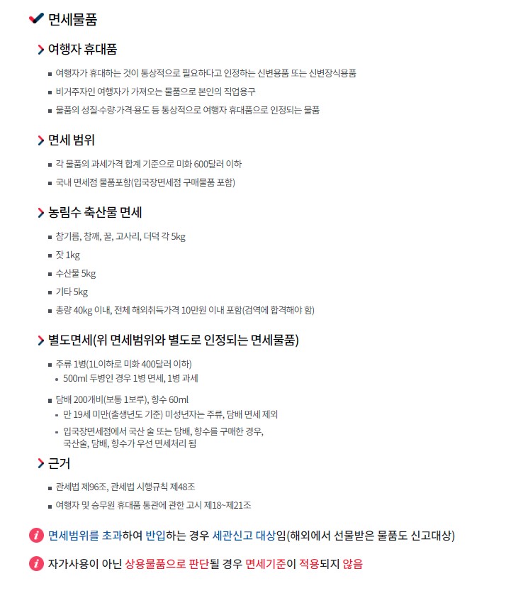  여행자 통관 면세 물품 범위 휴대품 농림수축산물 주류 담배 향수