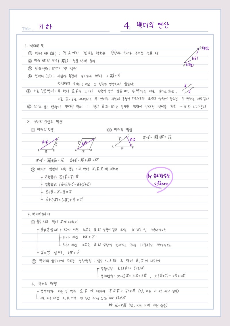 기하 4. 벡터의 덧셈과 뺄셈, 두 벡터가 서로 평행할 조건 : 네이버 블로그