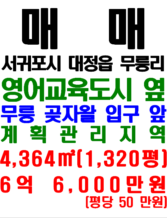  제주영어교육도시 무릉곶자왈 숲길 앞 대정읍 무릉리 토지 매매(매물번호 567)