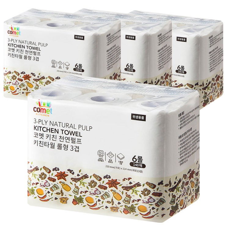 인기있는 코멧 키친 천연펄프 키친타올 롤형 140매 3겹, 6롤, 4팩 좋아요