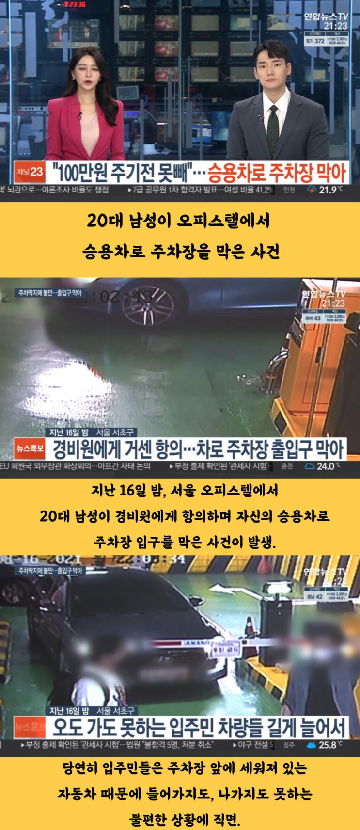  자신의 자동차로 주차장 입구를 막은 남자
