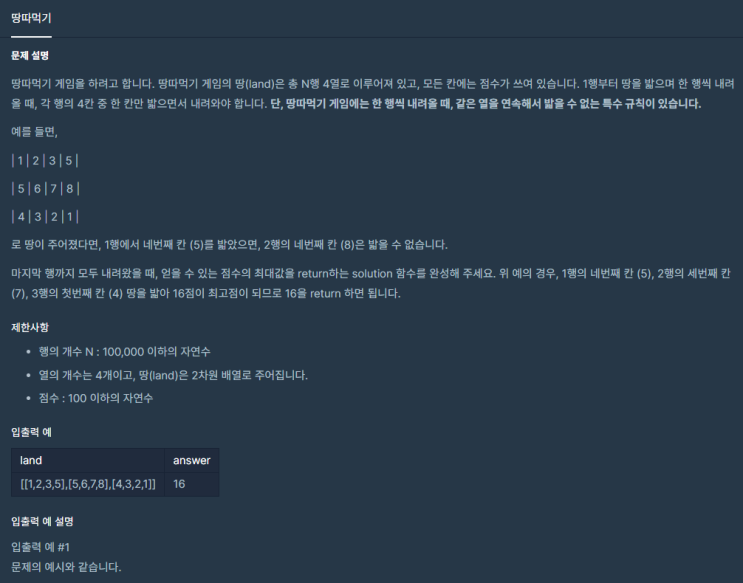  [프로그래머스] 땅따먹기(JavaScript)