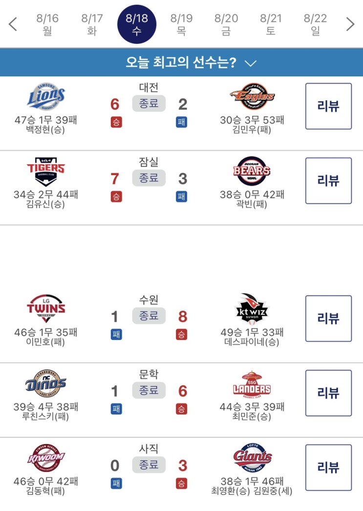 KBO 8월18일(수)️야구경기 리뷰