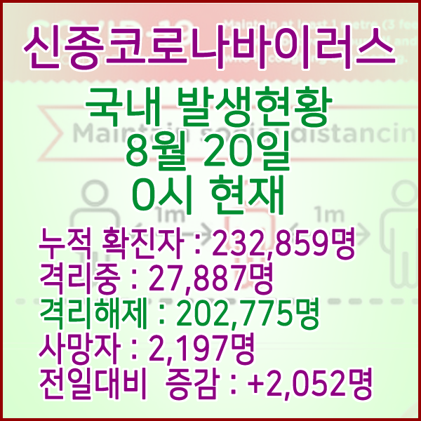  코로나19(코로나바이러스) 8월 20일 0시 국내(해외포함) 발병 232,859명 / 202,775명 완치 격리해제 / 사망자 2,197명