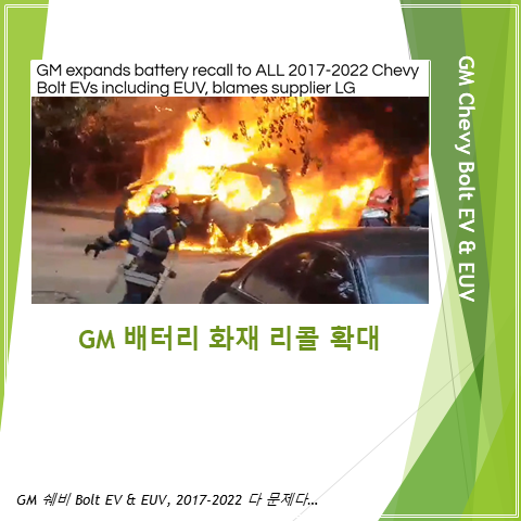  GM 쉐비 볼트 배터리 화재 리콜 확장 (feat. 2017년부터 2022년, EV, EUV, LG 비난, 울티움, 찢어진 음극탭과 접힌 분리막이 발화 원인)
