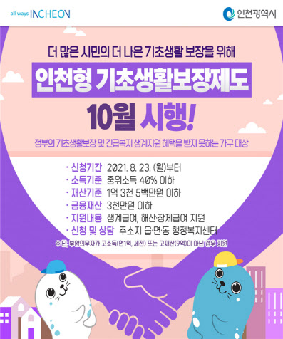 인천형 기초생활보장제도 10월부터 전면 시행…복지사각지대 해소 인천형 기초생활보장제도 10월부터 전면 시행…복지사각지대 해소