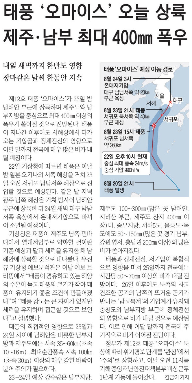오늘의 e매경스크랩_8월23일(월)-400mm 물폭탄 쏟아진다... 태풍 오마이스 23일 저녁 한반도 상륙