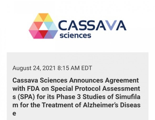 카사바사이언스! Cassava Sciences! 임상3상 FDA SPA 획득! (알츠하이머치료제, SAVA) 카사바사이언스! Cassava Sciences! 임상3상 FDA SPA 획득! (알츠하이머치료제, SAVA)