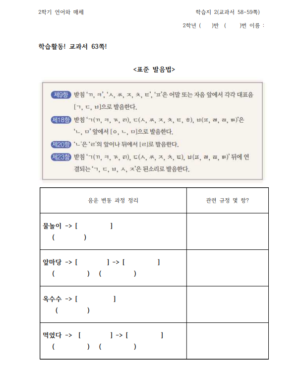 [수업] 언어와 매체 - 음운의 변동, 교체 총정리 학습지(비음화, 유음화, 구개음화의 원리) : 네이버 블로그