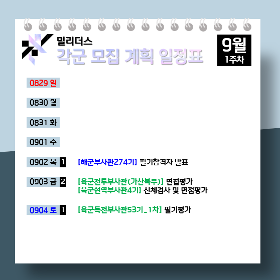  모집계획 육군 해군 공군 해병대 9월 1주차
