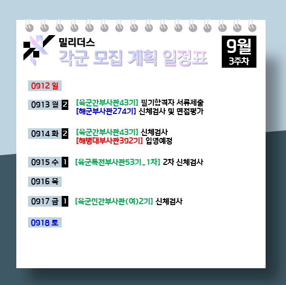  모집계획 육군 해군 공군 해병대 9월 3주차