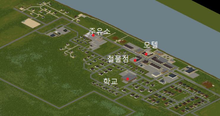  [프로젝트 좀보이드] 리버사이드 도심지 지도, 초반 추천 아지트