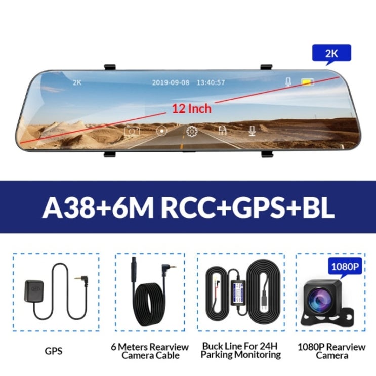 인기있는 차량용 스마트 악세서리 HUD GPS 무선 미러링 E-ACE A38 2K 자동차 DVR 12 인치 터치 IPS 백미러 듀얼 렌즈 Dashcam 자동차 카메라 비디오 레코더