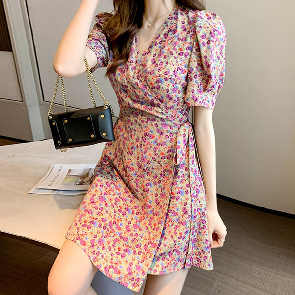  잘팔리는 르엠마 산루카스 플라워 꽃무늬 퍼프 미니 랩 원피스 좋아요