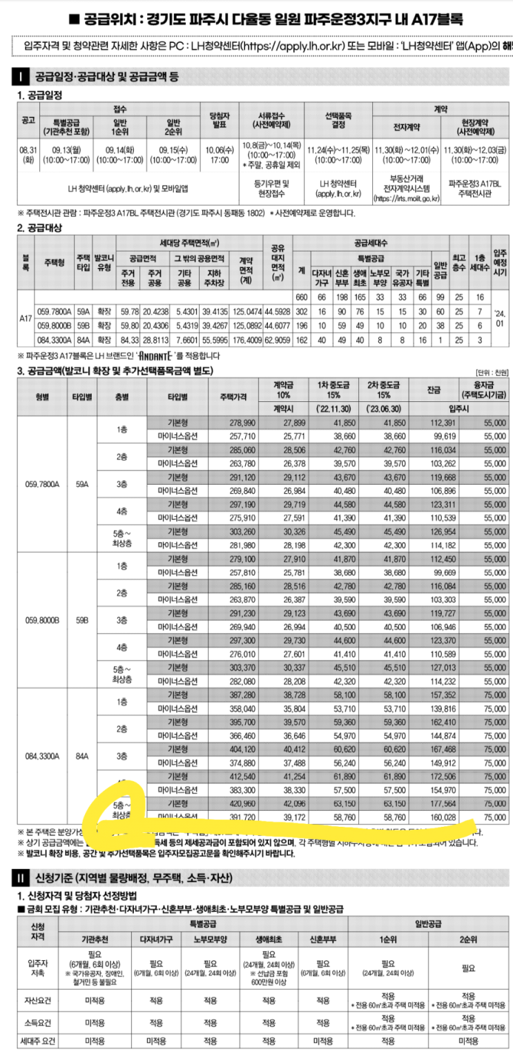  공공분양(공고문) - 파주운정 A17블록 LH안단테 입주자모집공고문 발표 & 운정A17블록 공고문 간단요약 포스팅