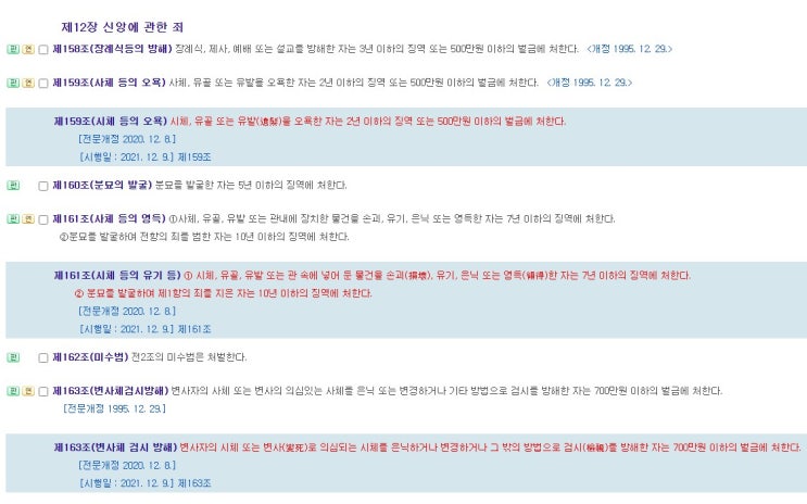  장례식 제사 예배 설교 방해 분묘 발굴 시체 유골 오욕 손괴 유기 은닉 방해 형법 제158조