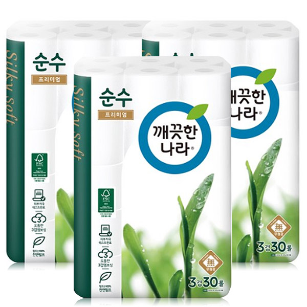 가성비갑 깨끗한나라 3겹 데코 순수 프리미엄 천연펄프 롤화장지 30m, 30롤, 3개 ··· 가성비갑 깨끗한나라 3겹 데코 순수 프리미엄 천연펄프 롤화장지 30m, 30롤, 3개 ···