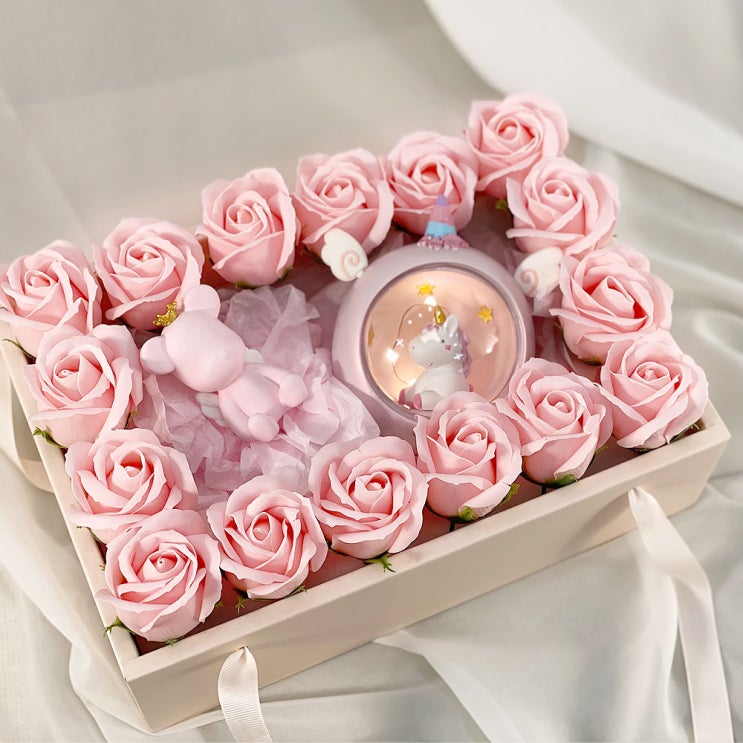 최근 많이 팔린 이플린 장미 비누꽃 선물상자 투명 사각 손잡이형 + 봉투 세트, 핑크 좋아요