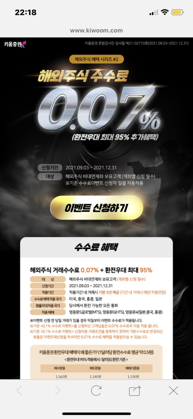 키움증권 해외주식 수수료 0.07% 인하, 환전우대 95% 혜택 협의수수료 (비대면 계좌 보유 고객)