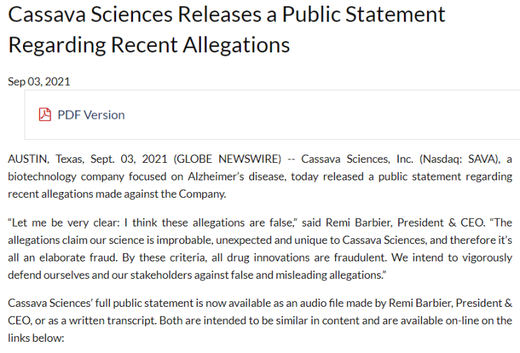 50. Cassava Sciences! 카사바사이언스! 반박성명 발표! Public Statement Regarding Recent Allegations!