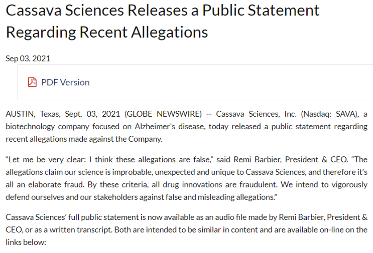 50. Cassava Sciences! 카사바사이언스! 반박성명 발표! Public Statement Regarding Recent Allegations! 50. Cassava Sciences! 카사바사이언스! 반박성명 발표! Public Statement Regarding Recent Allegations!