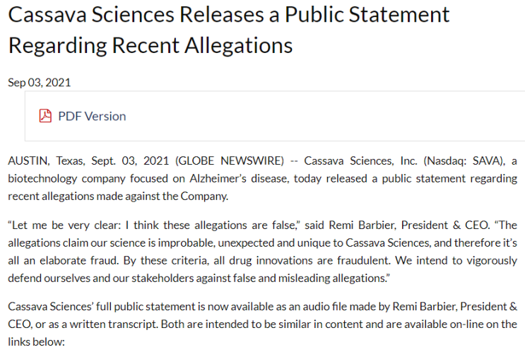 50. Cassava Sciences! 카사바사이언스! 반박성명 발표! Public Statement Regarding Recent Allegations!