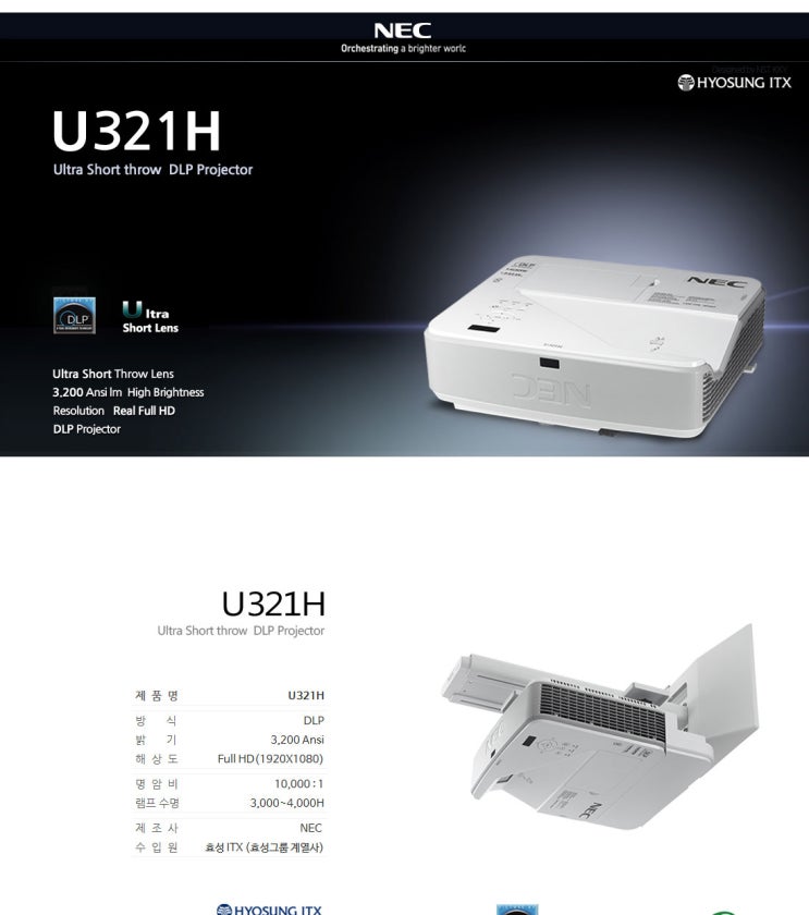NEC NP-U321H 극단초점 빔프로젝터 특가판매/투사거리표