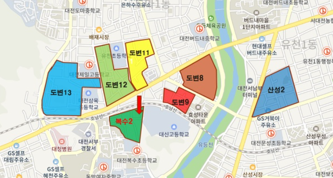  대전재개발지역 복수2구역과 인근아파트 복수동자이