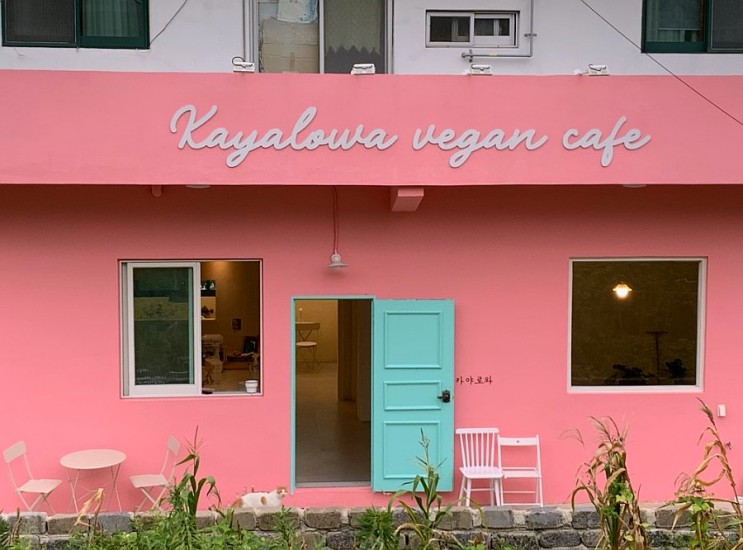 여수 고소동 카페 &lt;카야로와&gt; 핑크색 건물이 예쁜 비건 카페