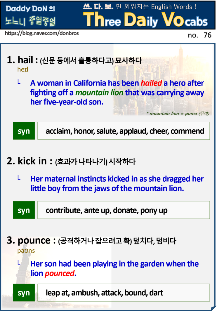  【영어】 쓰다보면 외워지는 영어 단어 - hail, kick in, pounce (자식을 지키는 영웅 같은 부모님들의 기사 ^^)
