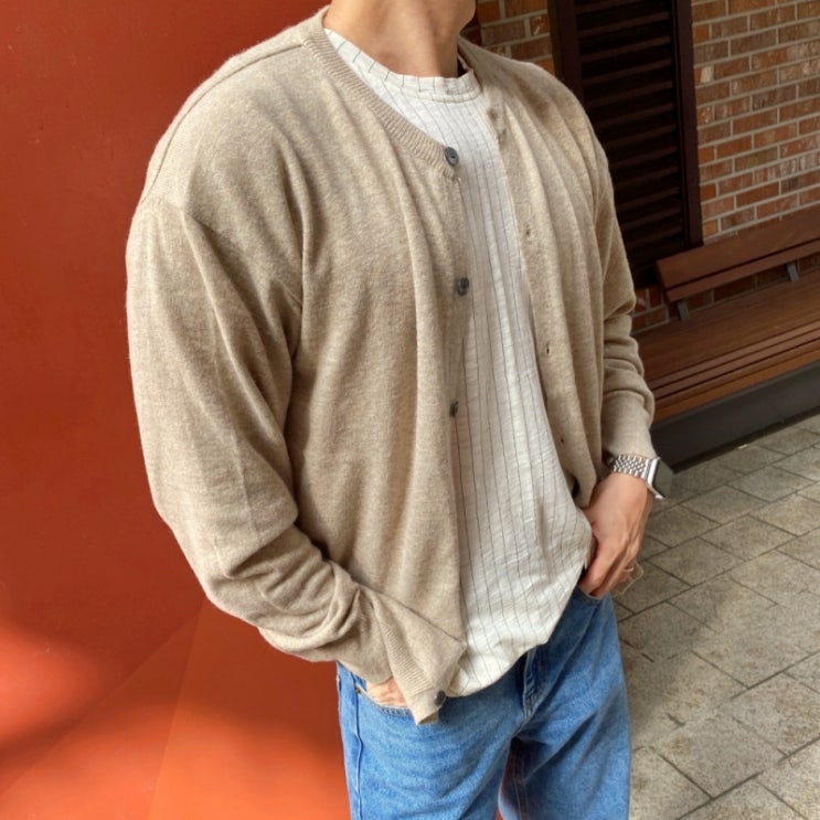  남자 울 캐시미어 루즈핏 라운드넥 가디건