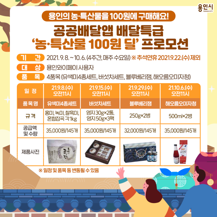 2021 용인시 추석맞이 명절 선물, 공공 배달 앱 배달 특급 '농특산물 100원딜' 프로모션