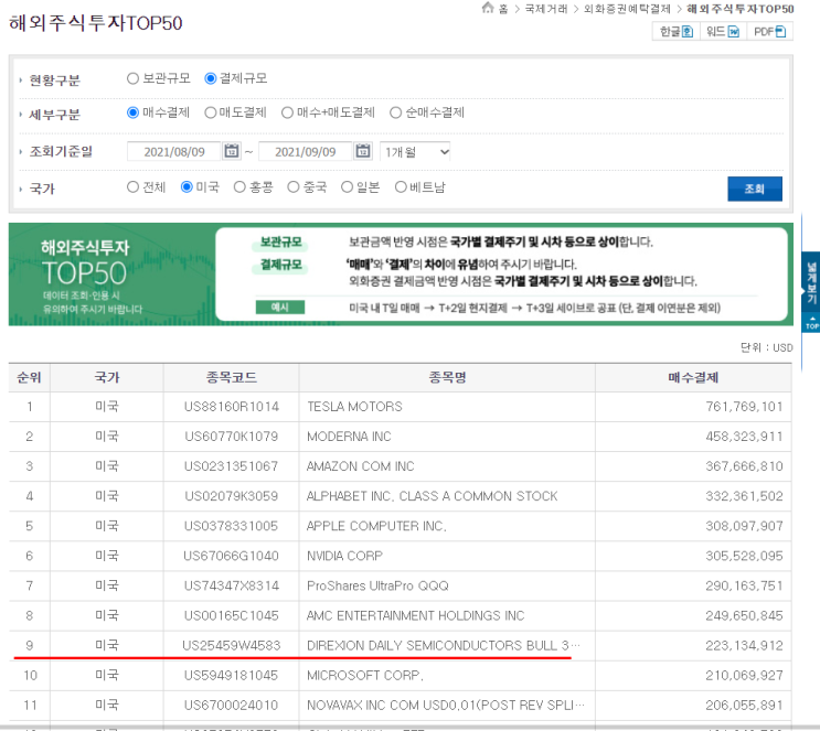  미국 해외주식투자 TOP50(한달기준)
