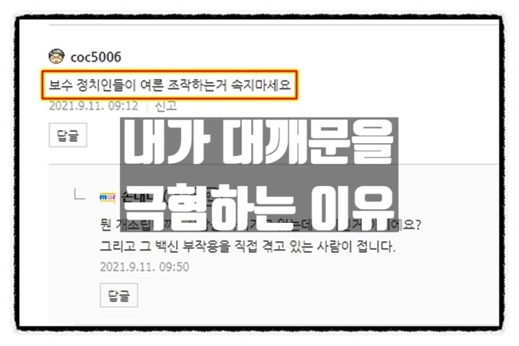 백신부작용이 '보수정치인들의 여론조작' 이라는 대깨문 (부제:내가 대깨문을 극혐하는 이유) 백신부작용이 '보수정치인들의 여론조작' 이라는 대깨문 (부제:내가 대깨문을 극혐하는 이유)