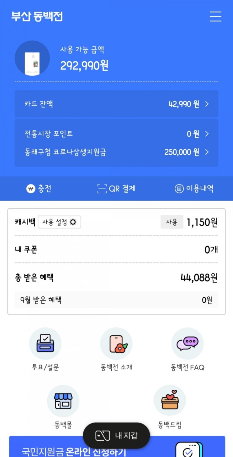  동백전 재난지원금(국민지원금)이 들어왔어요