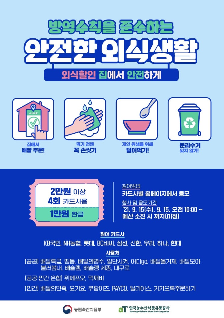  [정부외식할인]  비대면《배달》2만원이상 4회 신용카드 주문시 1만원 환급 재개! 9/15~