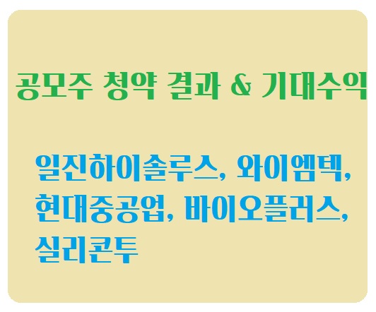  공모주청약 :  일진하이솔루스, 와이엠텍, 현대중공업, 바이오플러스, 실리콘투 청약꿀팁, 배정주수, 기대수익